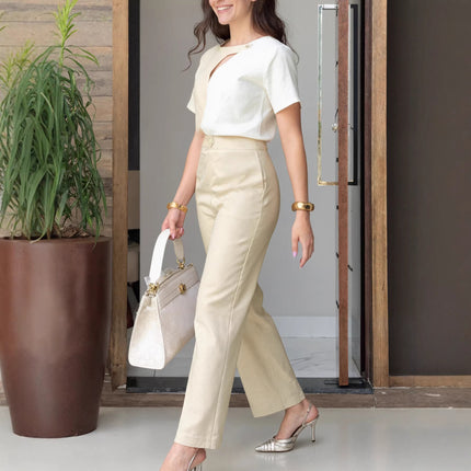 Two-piece Pantsuit Short-sleeve Hollow-out Blouse with Straight-leg Pants