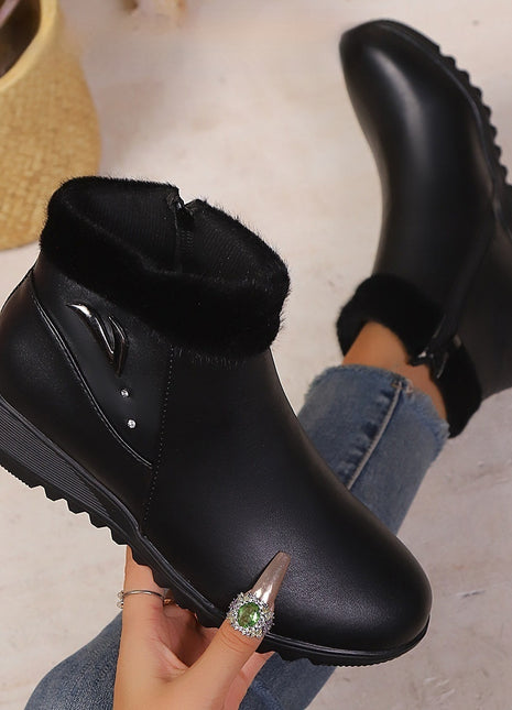 Low Heel Round Toe Plus Fleece Side Zipper Boots