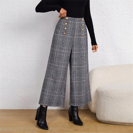 Plaid Wide-Leg Ninth Pants With Double-Breasted Decoration For Daily Office Wear