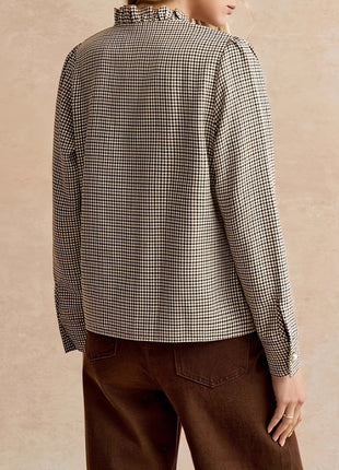 Houndstooth Ruffled Small Stand-up Collar Side-button-front Shirt