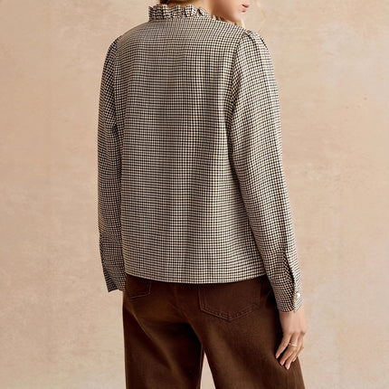 Houndstooth Ruffled Small Stand-up Collar Side-button-front Shirt