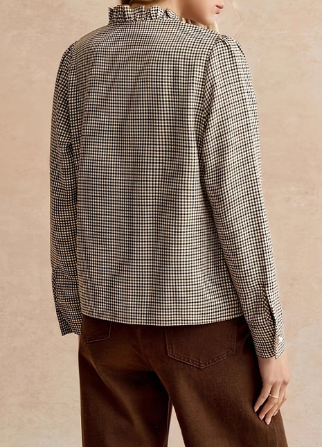 Houndstooth Ruffled Small Stand-up Collar Side-button-front Shirt