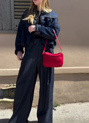Dark Denim Oversized Jacket And Wide-Leg Pant Set