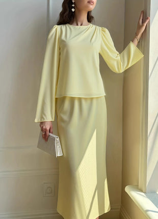 New Solid-color Bubble-sleeve Waist-cinching Figure-flattering Skirt Set
