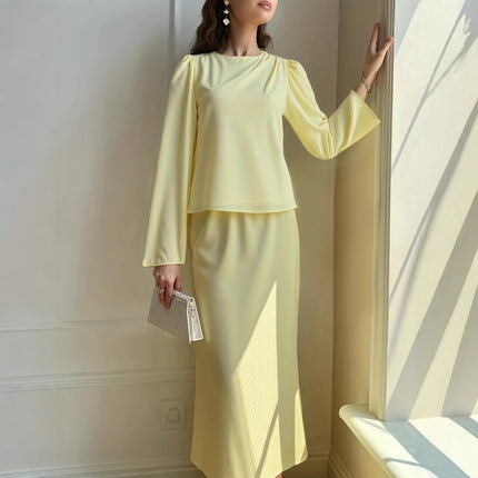 New Solid-color Bubble-sleeve Waist-cinching Figure-flattering Skirt Set