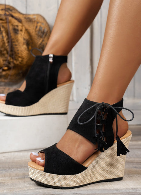 Tassel High Heel Peep Toe Platform Muffin Wedge Sandals