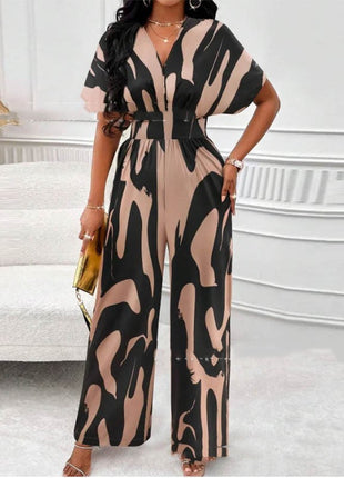 V-neck Loose Printed Long Jumpsuit