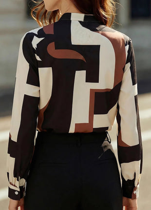 Bold Geometric Color-Block Printed Stand Collar Lantern Sleeve Shirt