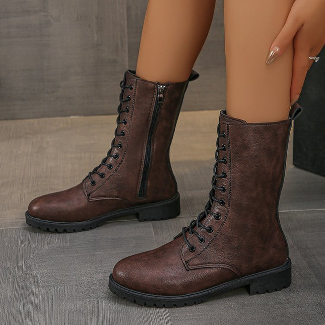 Flat Mid-calf Lace-up Boots For Women