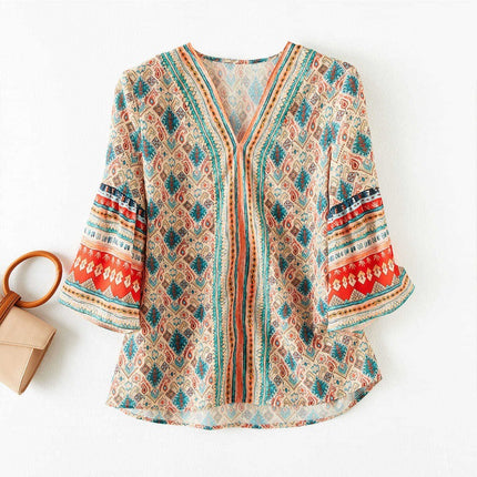 V-neck Loose Flare Three-quarter Sleeve Blouse Top