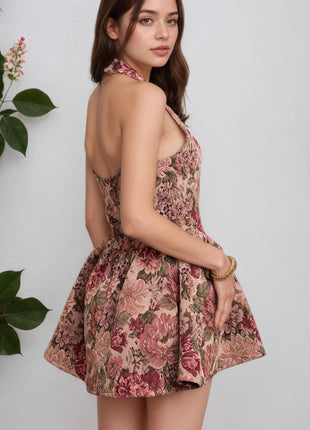 Strapless Cinched Waist Floral Mini Backless Dress
