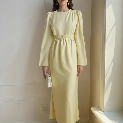 New Solid-color Bubble-sleeve Waist-cinching Figure-flattering Skirt Set