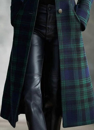 Womens Single-Breasted Plaid Long-Sleeve Long Cardigan Coat