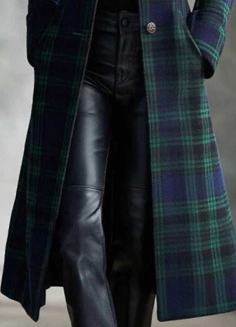 Womens Single-Breasted Plaid Long-Sleeve Long Cardigan Coat