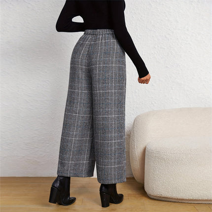 Plaid Wide-Leg Ninth Pants With Double-Breasted Decoration For Daily Office Wear