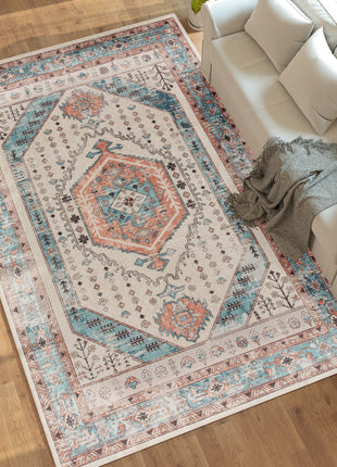 8x10 Area Rug, Vintage Machine Washable Rug, Non-Slip Floor Carpet for Living Room, Bedroom, Dining Room, Brown and Blue