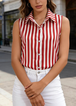 Retro Striped Vest Polo-neck Sleeveless Top