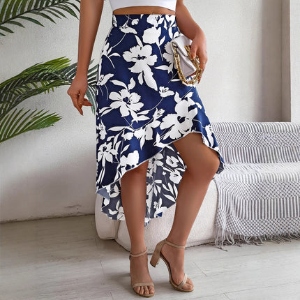 Elegant Flower Ruffled Mid-length Asymmetrical Skirt Wear