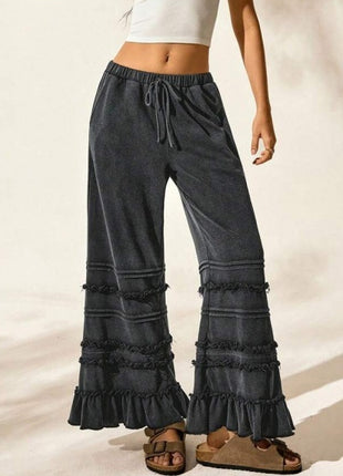 Casual Vacation Style Black Worn Looking Washed-out Loose Flared Pants