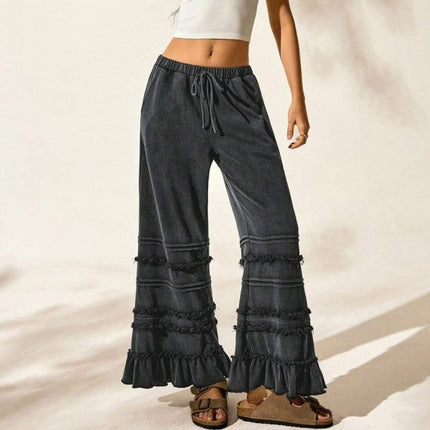 Casual Vacation Style Black Worn Looking Washed-out Loose Flared Pants