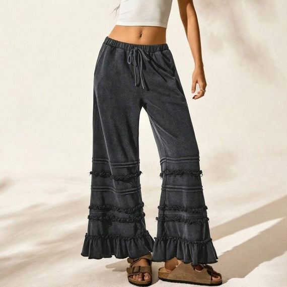 Casual Vacation Style Black Worn Looking Washed-out Loose Flared Pants