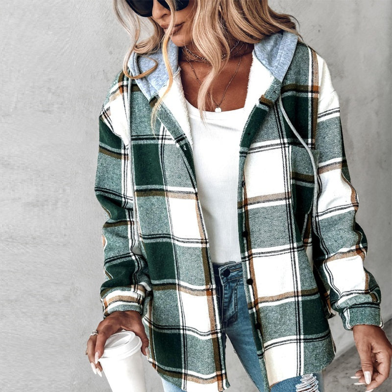 Plaid Hooded Jacket Fashion Casual Button Pocket Coat Autumn and Winter