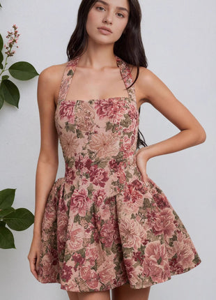 Strapless Cinched Waist Floral Mini Backless Dress