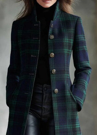 Womens Single-Breasted Plaid Long-Sleeve Long Cardigan Coat