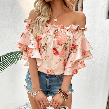 Womens Pullover Off Shoulder Printed Top Shirt