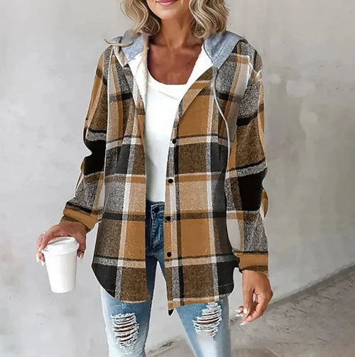 Plaid Hooded Jacket Fashion Casual Button Pocket Coat Autumn and Winter