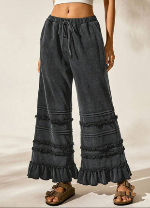 Casual Vacation Style Black Worn Looking Washed-out Loose Flared Pants