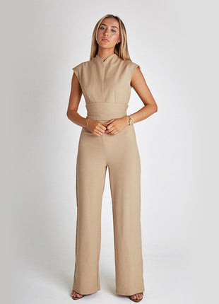 Fashion Elegant Long Sleeveless Jumpsuit Summer V-neck Casual Wide Leg Long Overalls Clothing For Women