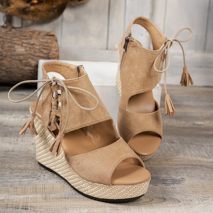 Tassel High Heel Peep Toe Platform Muffin Wedge Sandals