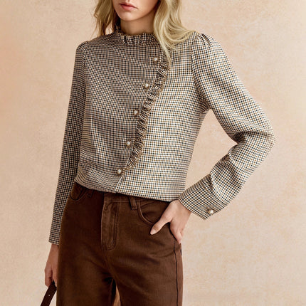 Houndstooth Ruffled Small Stand-up Collar Side-button-front Shirt