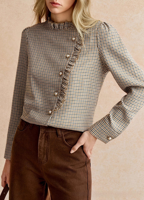 Houndstooth Ruffled Small Stand-up Collar Side-button-front Shirt