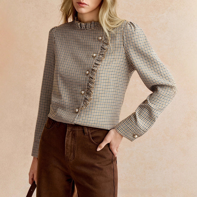 Houndstooth Ruffled Small Stand-up Collar Side-button-front Shirt