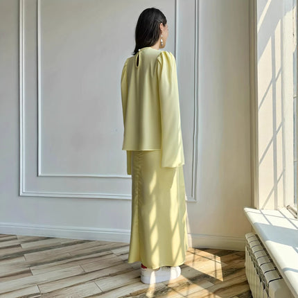 New Solid-color Bubble-sleeve Waist-cinching Figure-flattering Skirt Set