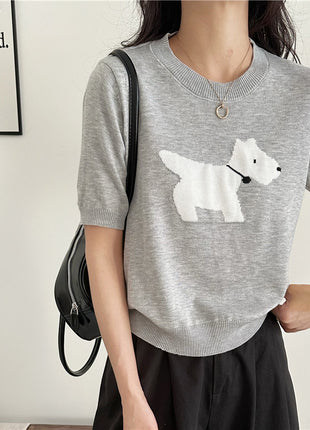 Puppy Jacquard Design Gray Loose Base Knitting Short Sleeve