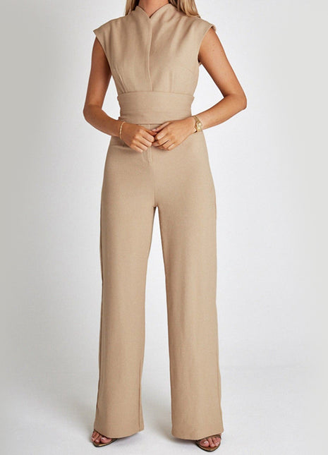 Fashion Elegant Long Sleeveless Jumpsuit Summer V-neck Casual Wide Leg Long Overalls Clothing For Women