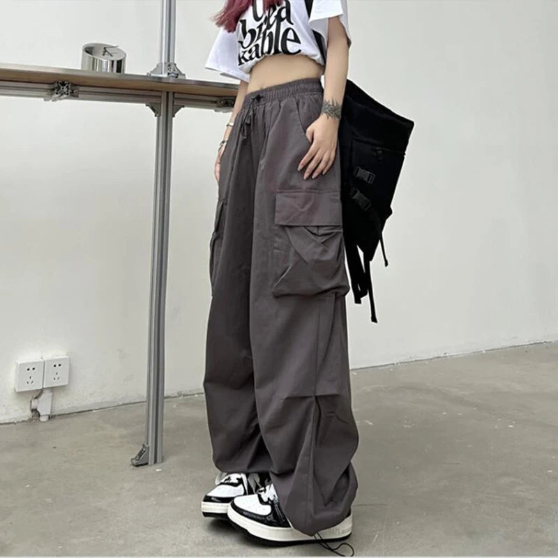 Women’s Black Cargo Jogger Pants – Wide Leg Tech Style with Drawstring Waist