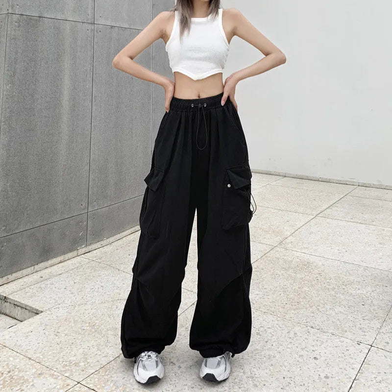 Women’s Black Cargo Jogger Pants – Wide Leg Tech Style with Drawstring Waist