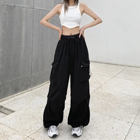 Women’s Black Cargo Jogger Pants – Wide Leg Tech Style with Drawstring Waist