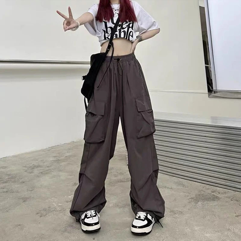 Women’s Black Cargo Jogger Pants – Wide Leg Tech Style with Drawstring Waist
