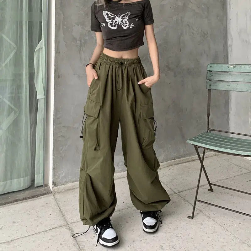 Women’s Black Cargo Jogger Pants – Wide Leg Tech Style with Drawstring Waist