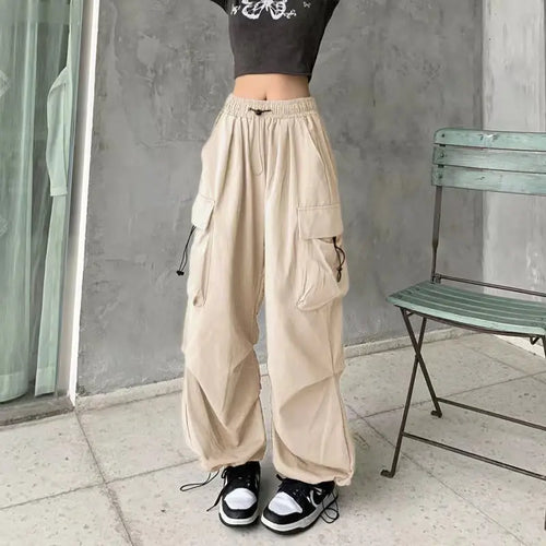 Women’s Black Cargo Jogger Pants – Wide Leg Tech Style with Drawstring Waist