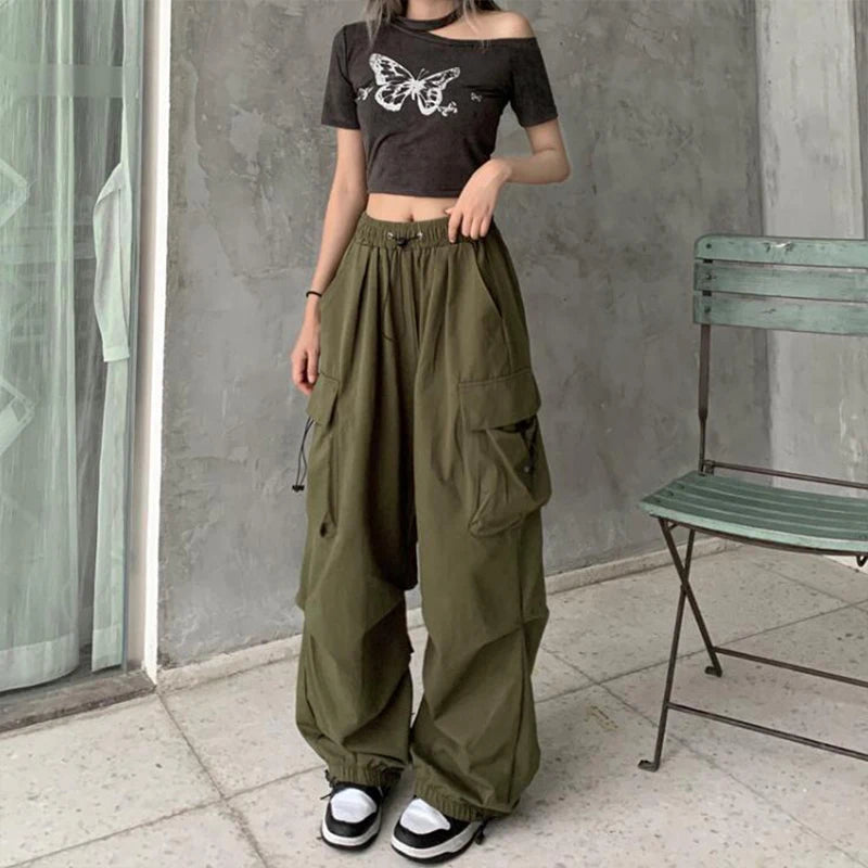 Women’s Black Cargo Jogger Pants – Wide Leg Tech Style with Drawstring Waist