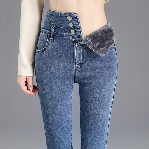 Women’s High-Waist Thermal Fleece Skinny Jeans – Winter Warm Denim Pants