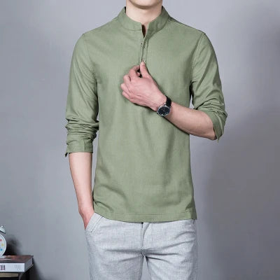 Men’s Slim Fit Linen Shirt, Stand Collar Long Sleeve Casual Top for Spring