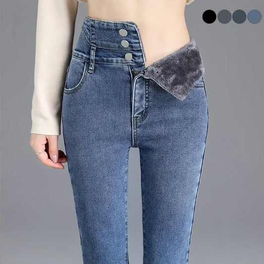 Women’s High-Waist Thermal Fleece Skinny Jeans – Winter Warm Denim Pants