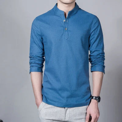 Men’s Slim Fit Linen Shirt, Stand Collar Long Sleeve Casual Top for Spring